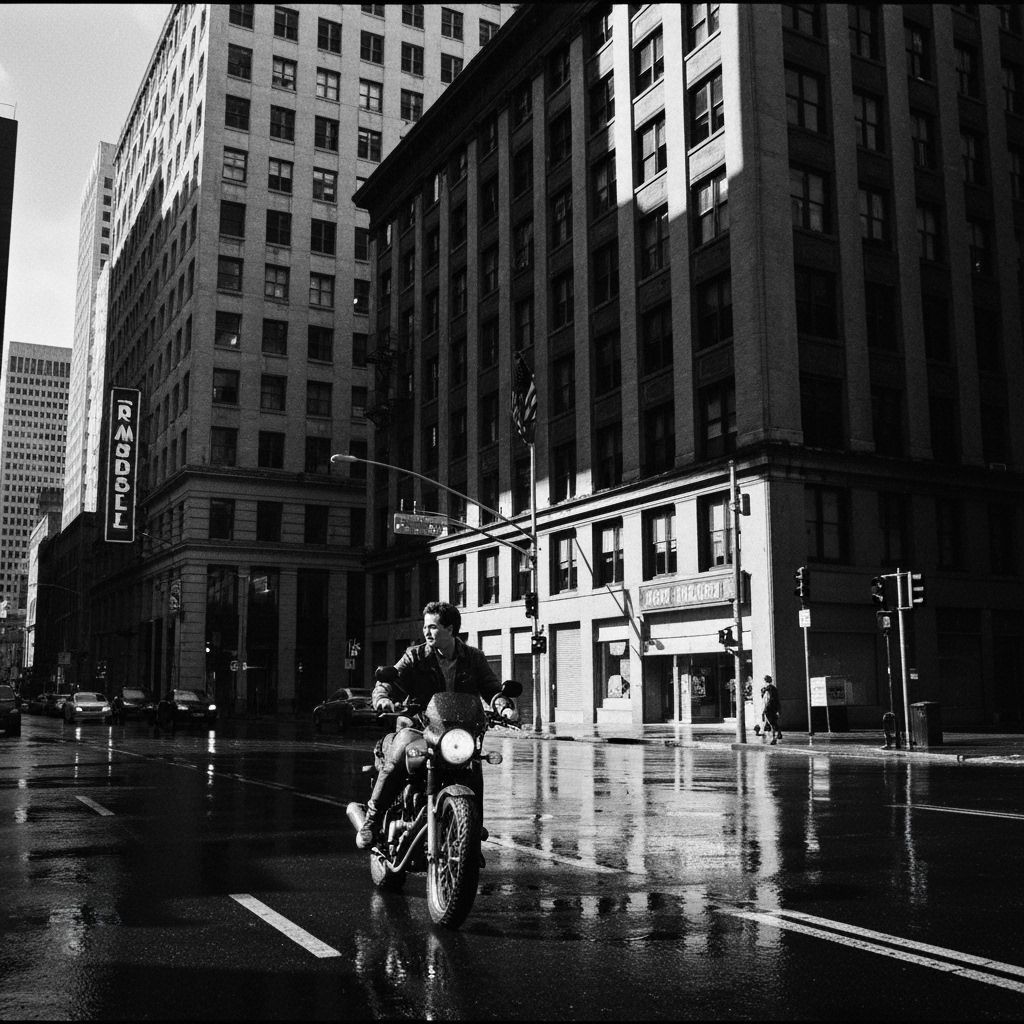 Moody Black and White Motorcycle Scene in Urban Noir Style