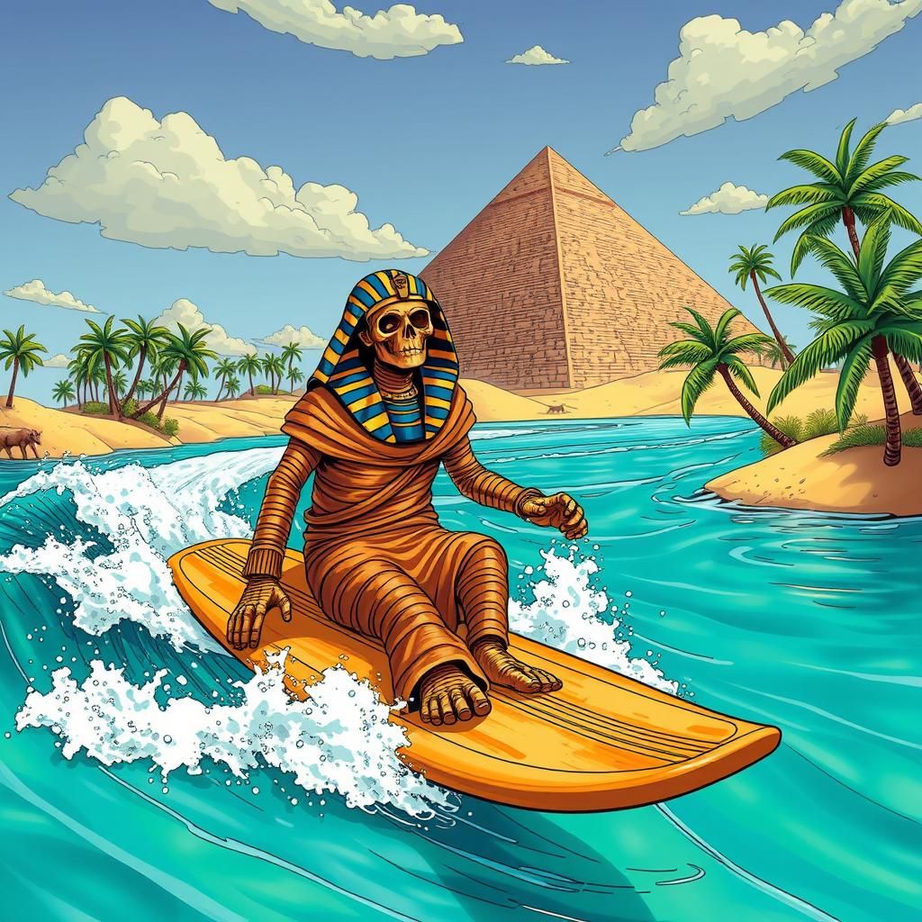 Mummy Surfing Nile in Moebius Comic Style
