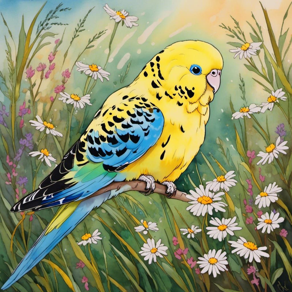 Yellow Budgie in Wildflower Field, Soft Focus