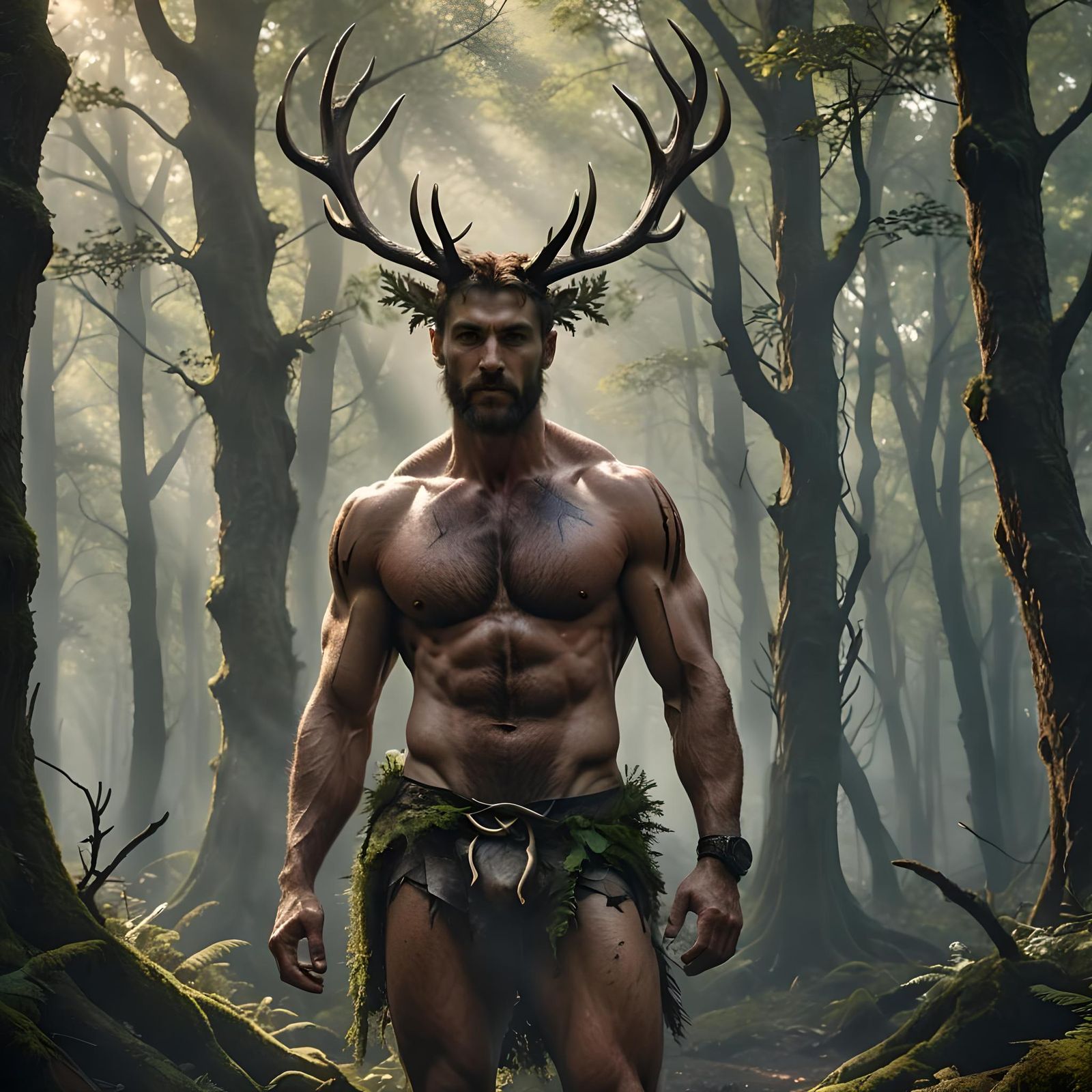 Mystical Forest God with Stag Antlers