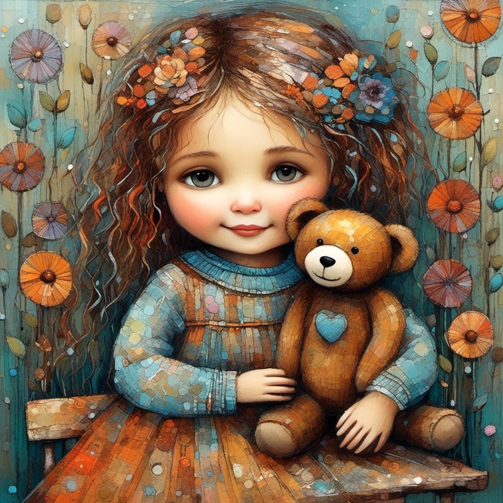 Adorable Toddler and Teddy Bear Illustration
