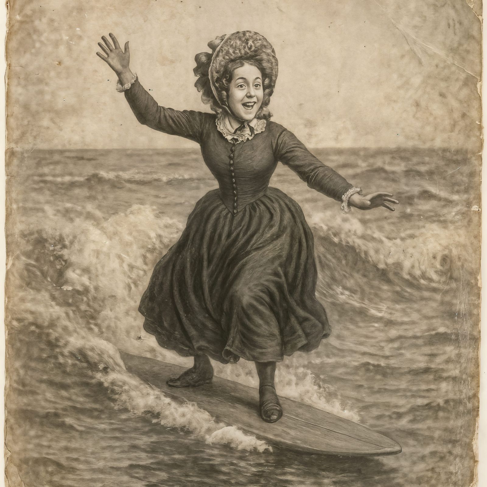 Woman Rides Surfboard in Faded Black and White Photo