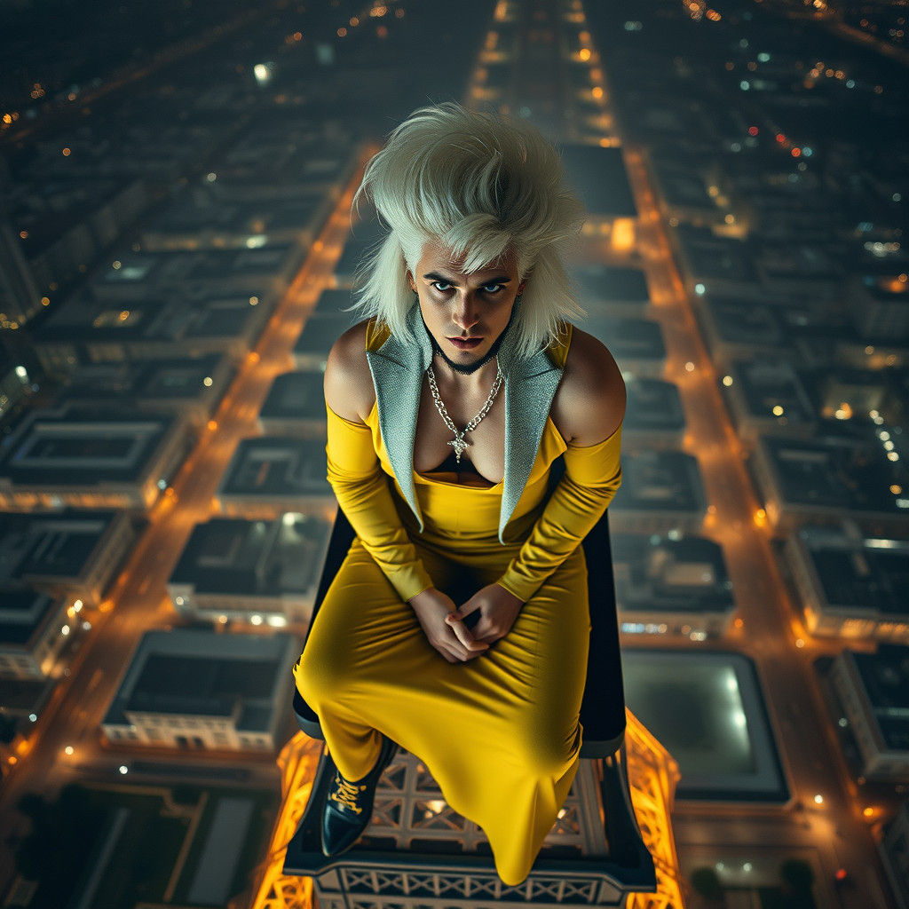 Angry Man in Yellow Gown on Eiffel Tower