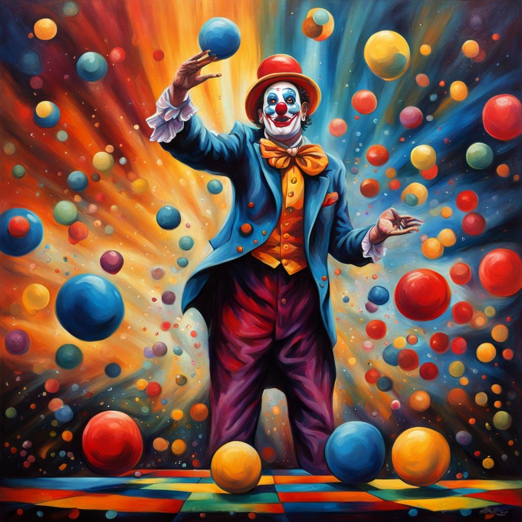 Intense Triadic Painting of a Juggling Clown