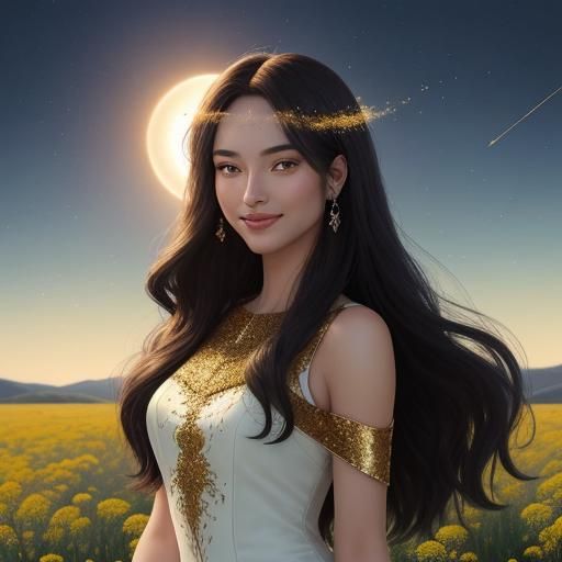 Beautiful Girl in Mini Dress in Moonlit Field