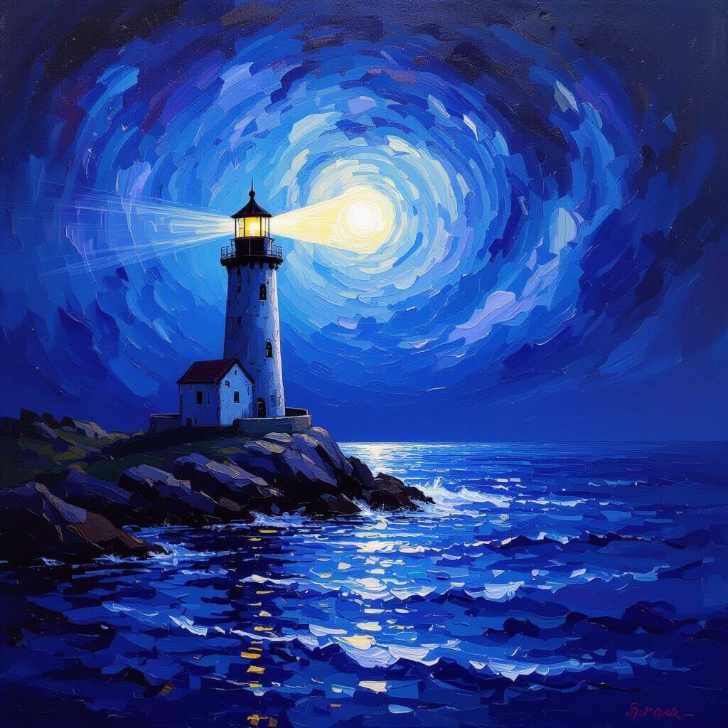 Lighthouse Beam Through Starry Nebula