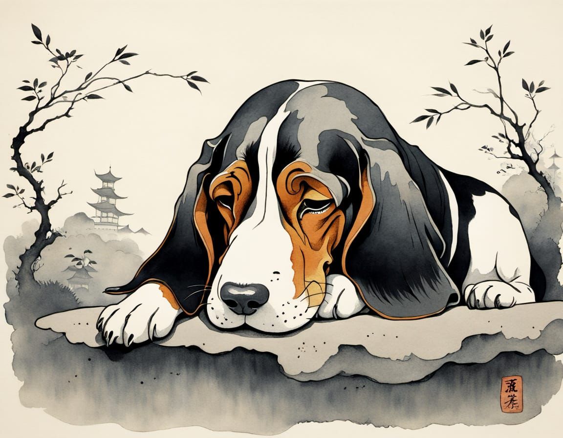 Minimalist Sumi-e Basset Hound Sleeping in Warm Tones