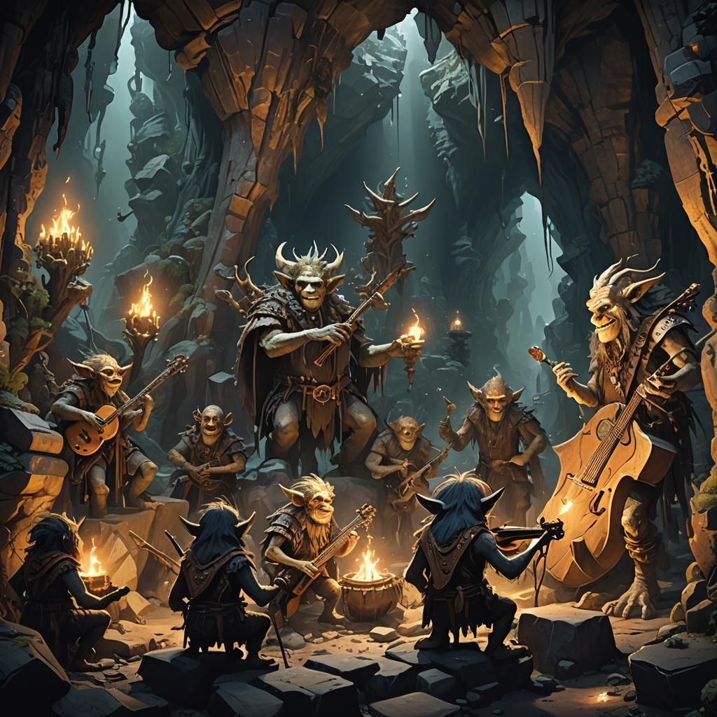 Troll Band Performance in Dimly Lit Cavern