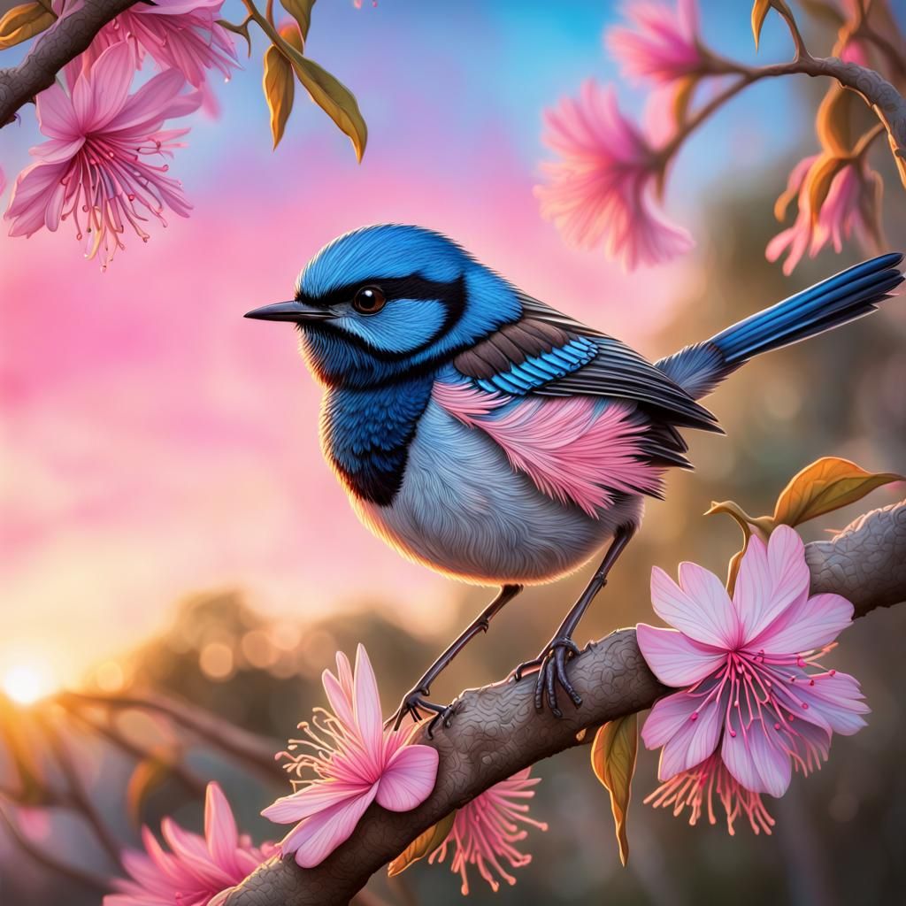 Blue Wren with Pink Flowers in Graffiti Art Style