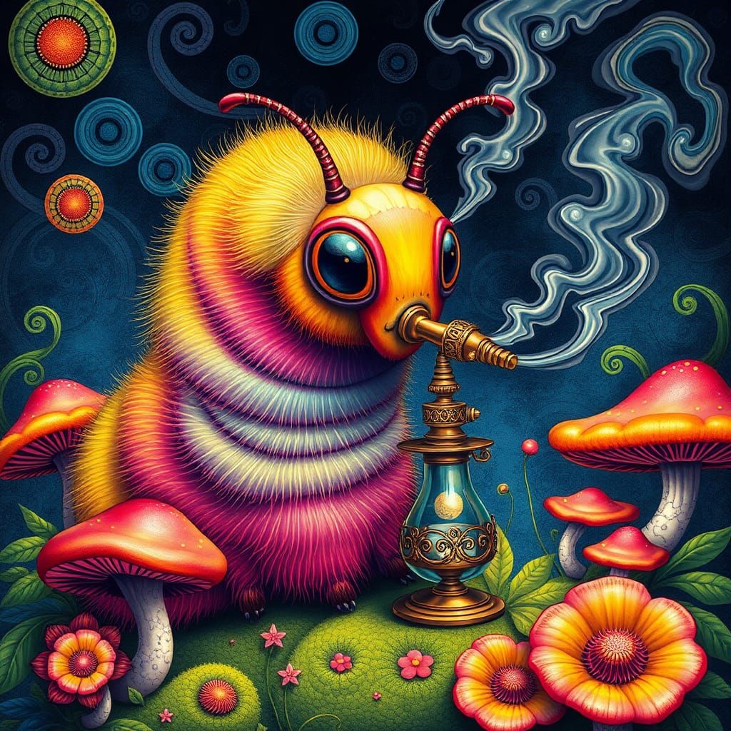 Psychedelic Caterpillar Smoking Hookah, Surreal Art