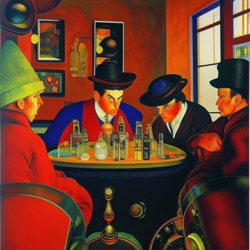 Steampunk Village Scene Inspired by Petrov-Vodkin and Schiel...
