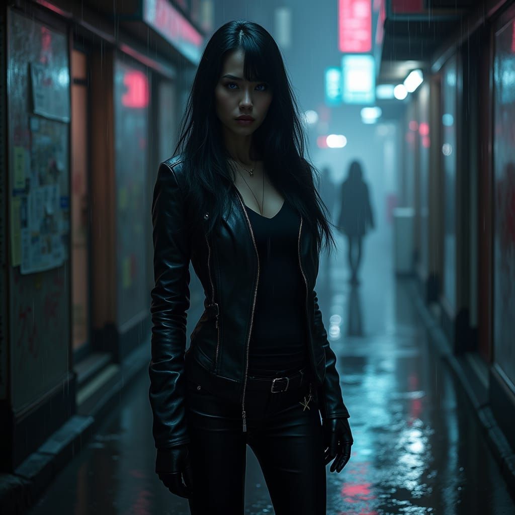 Mysterious Woman in Neon Alleyway