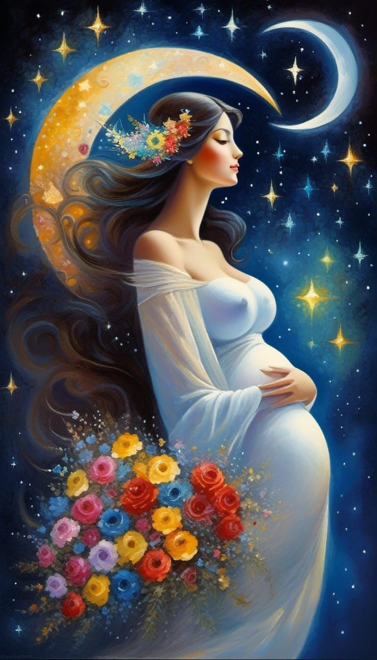 Pregnant Woman with Starry Sky, Watercolor Style