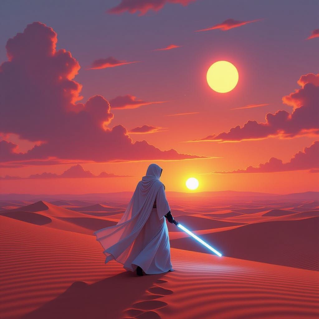 Lone Desert Wanderer Under Twin Suns