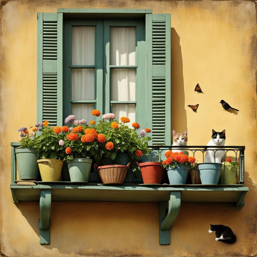 Blooming Balcony with Cat, Birds and Flowers