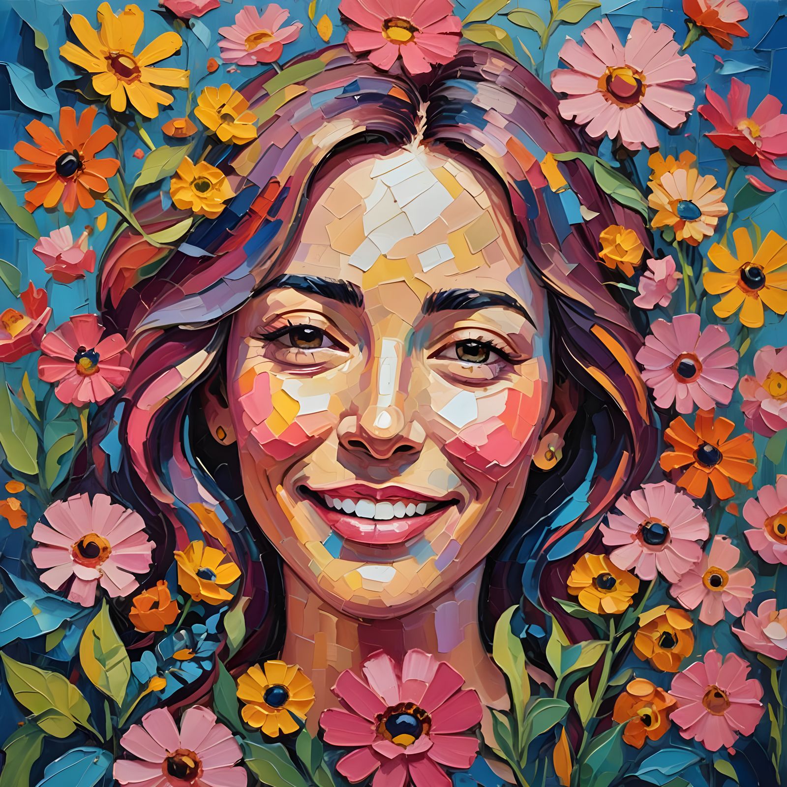 Smiling Face in Fauvist Garden with Vivid Colors