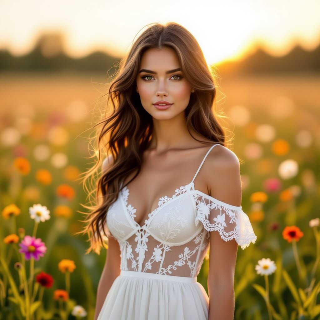 Woman in Wildflower Field, Watercolor Style