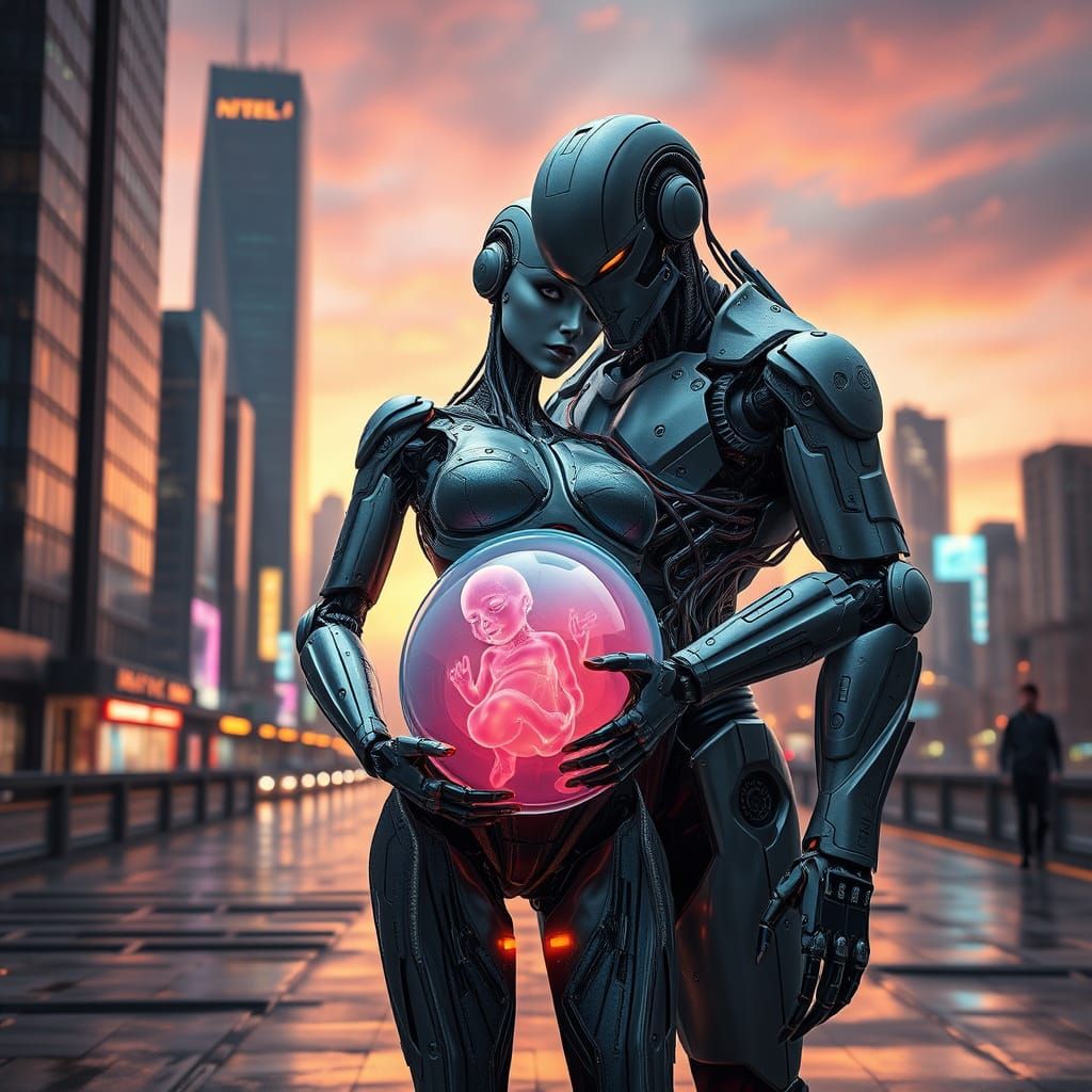 A female robot with a heavy pregnant belly, leans on her mal...