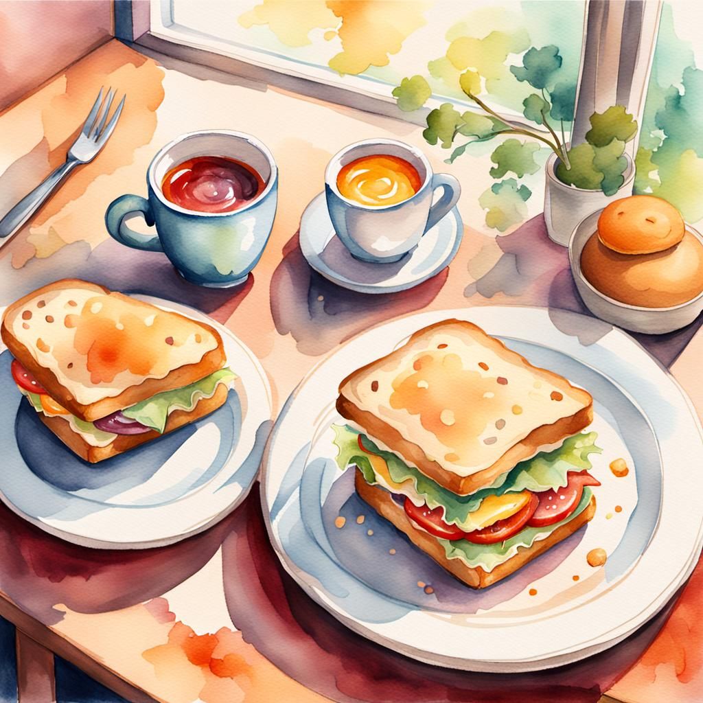 Sandwich in Cafe: Watercolor Illustration