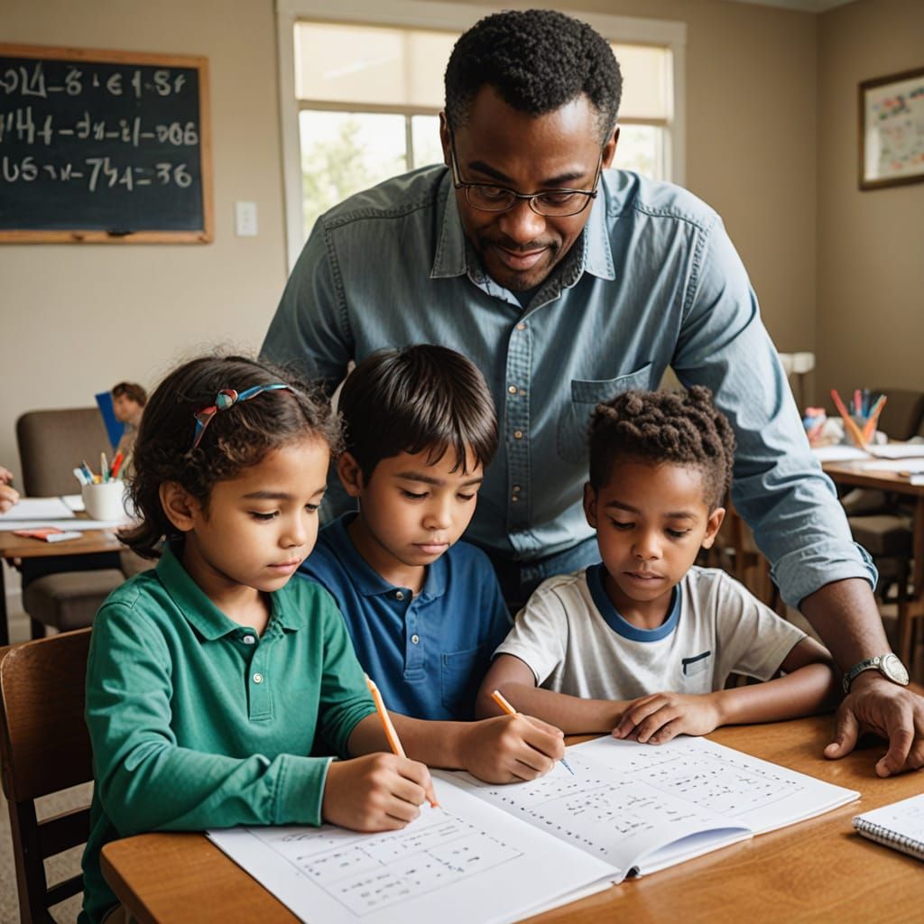 A Father Guides Young Minds Through Math Homework