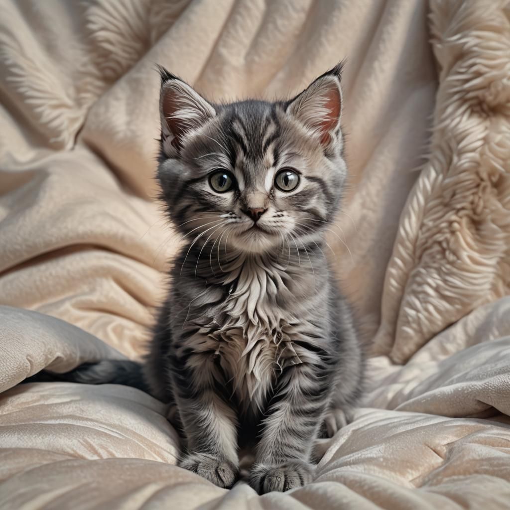 Grey Kitten Curled on Bed in Detailed Oil Painting