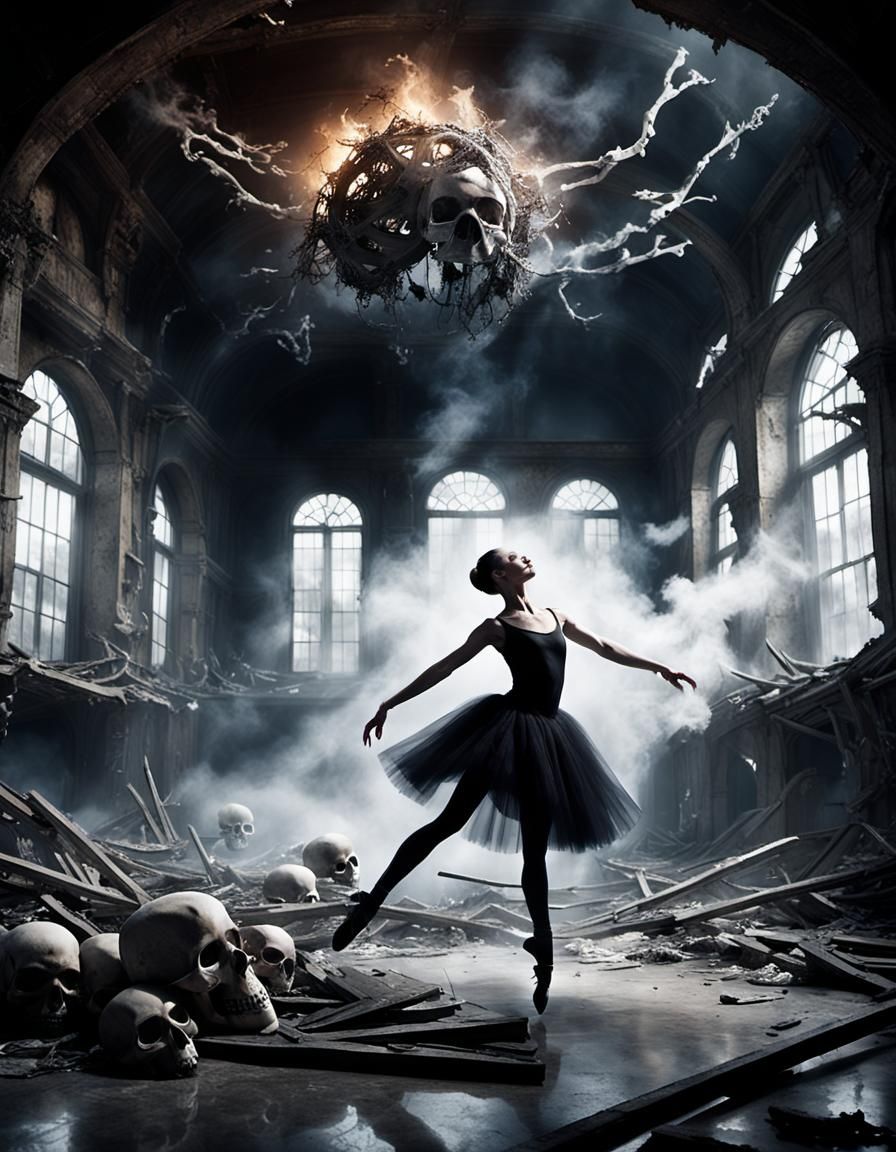 Surreal Ballet Dancer in Wreckage Building