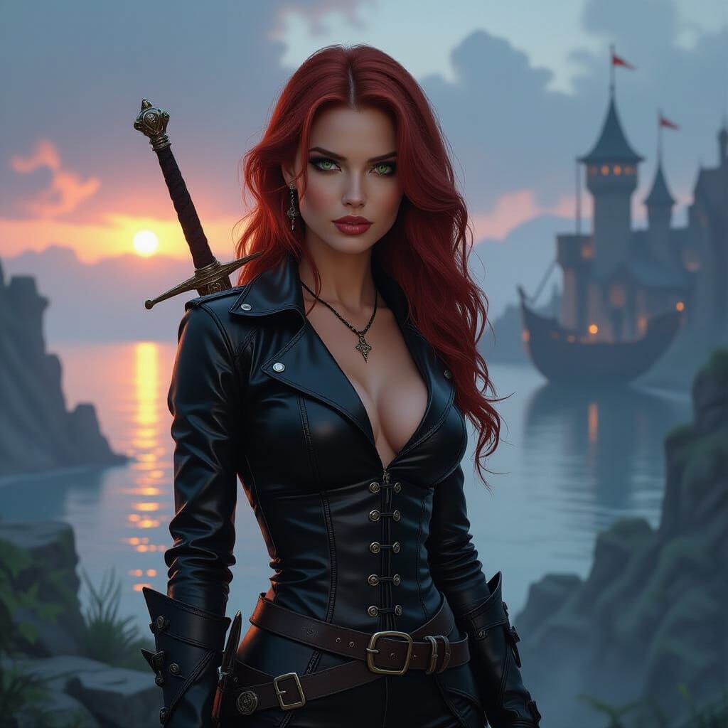 Mystical Redhead Warrior in Dark Fantasy Landscape