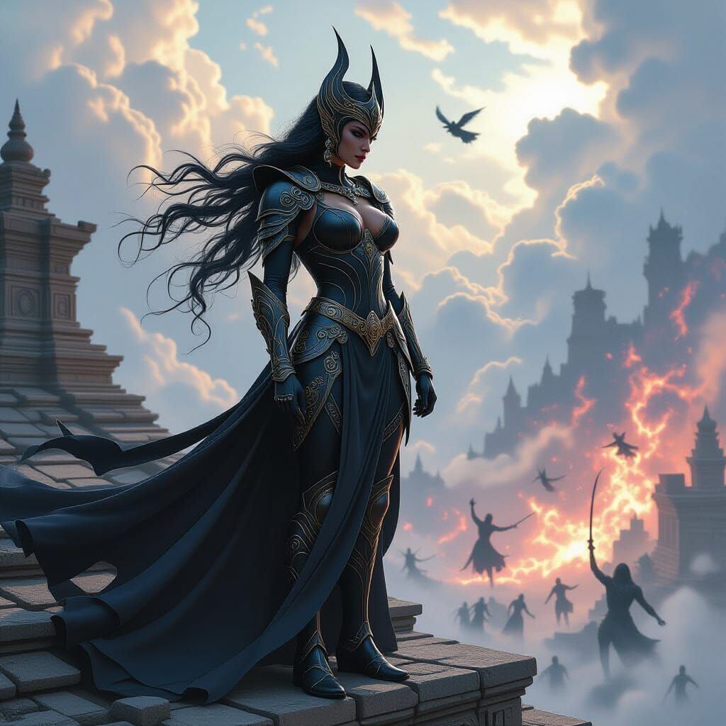 Mythological Armor Empress on Temple Rooftop