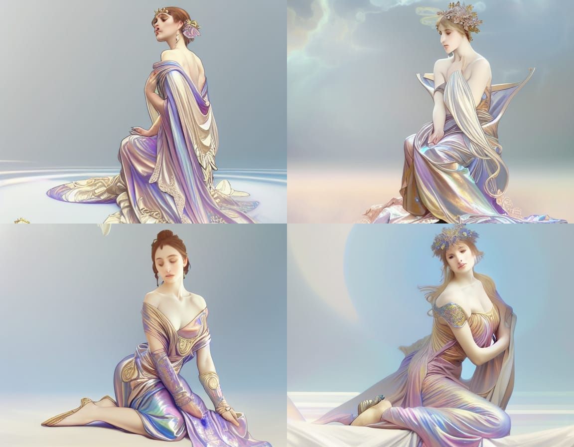 Iridescent Goddess on Ivory Throne, Art Nouveau Style