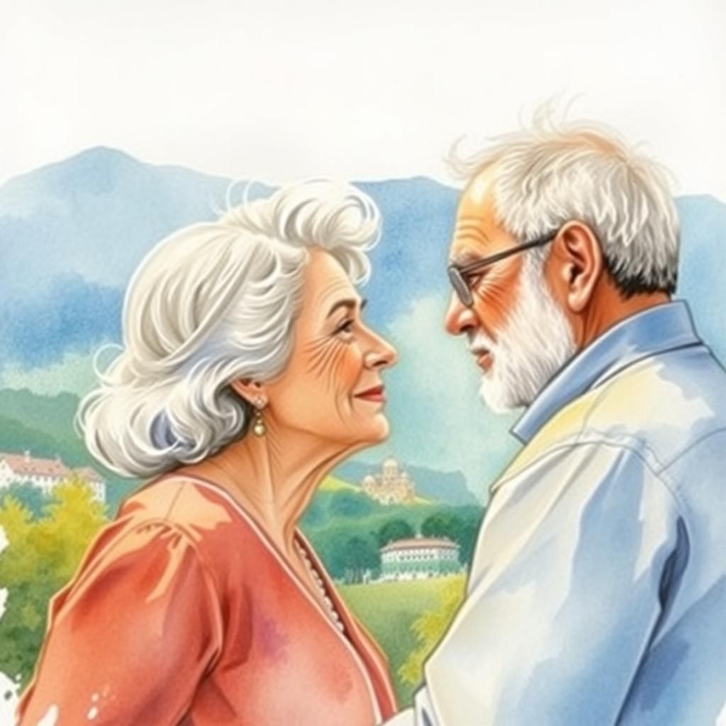Impressionist Watercolor Painting of an Elderly Couple