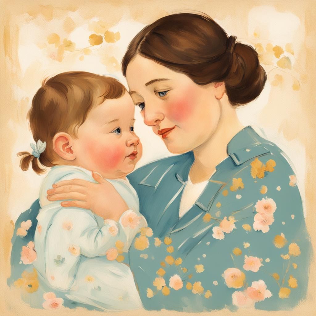 Cartoon Mothers and Babies in Loving Interactions