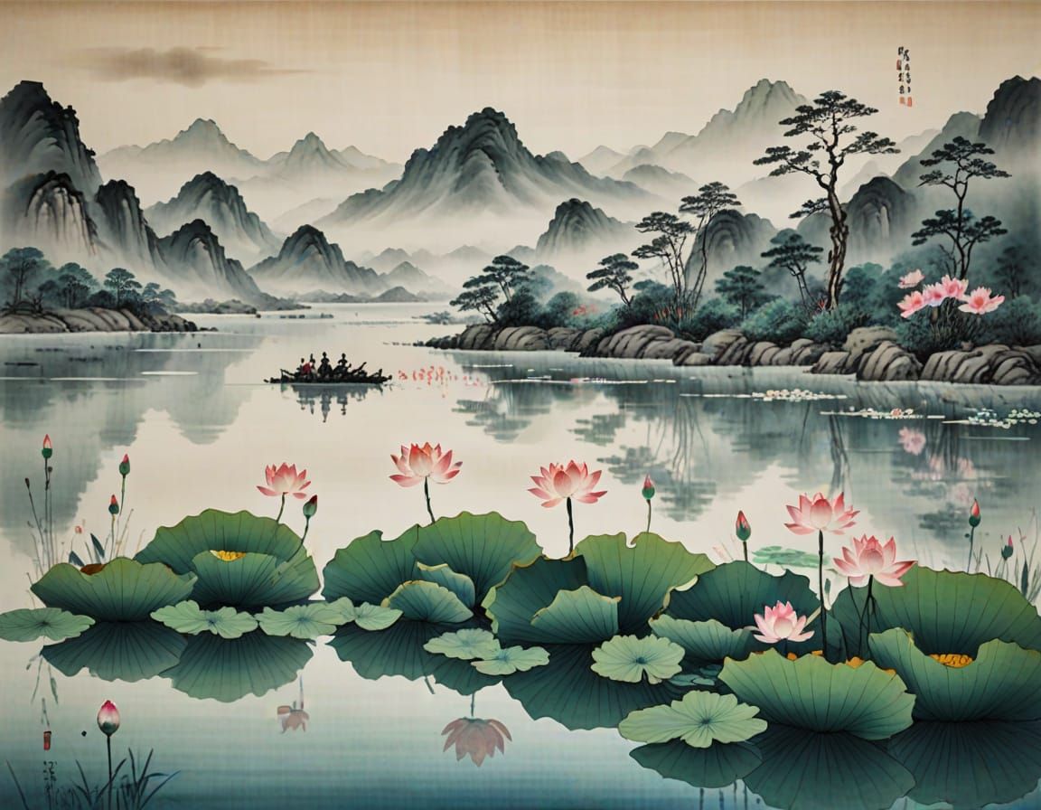 Lotus Blooms in Serene Chinese Lake Landscape