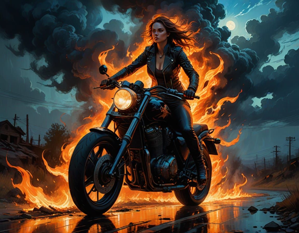 Motorcycle Rider in Blue Flames: Dark Fantasy Art