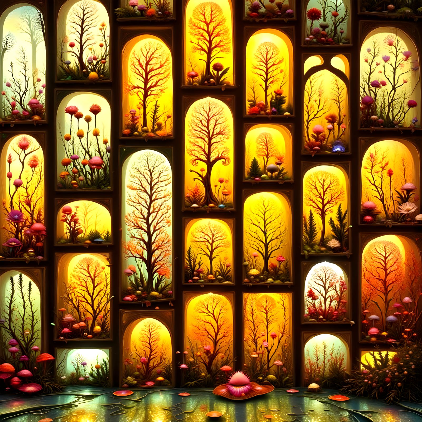 Botanical Collection Display with Intricate Fractal Details