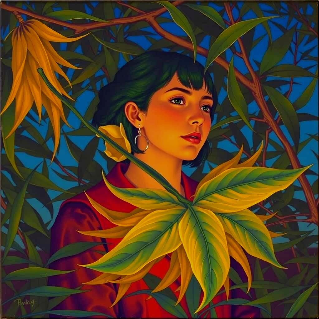 Woman with Teal Hair and Yellow Flower, Photorealistic Style