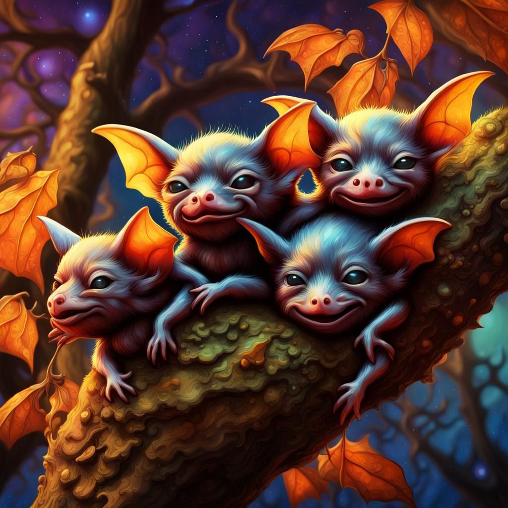 Chibi Vampire Bats in Galaxy Sky: Art Nouveau Style