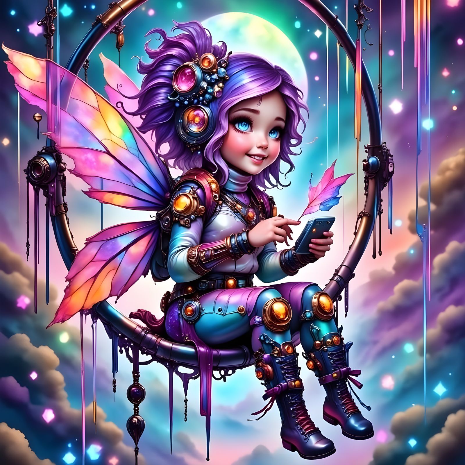 Glowing Space Girl in Vibrant Swing, Inspired by Fantasy Art