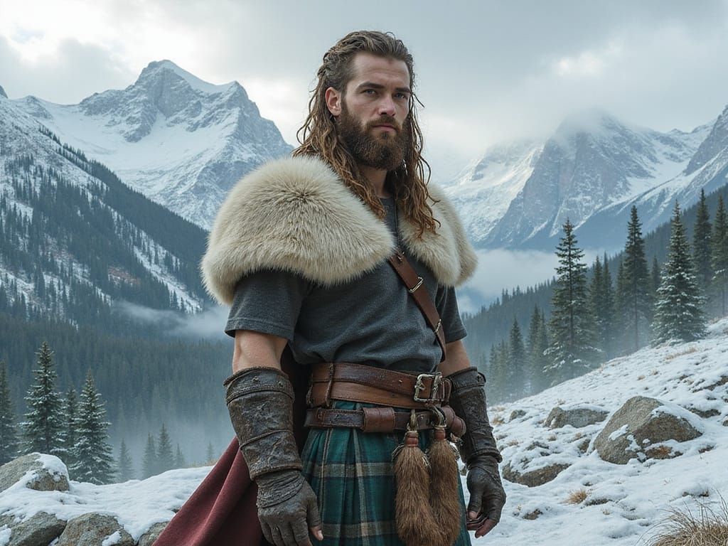 Viking Warrior in Kilt, Snow Mountain Backdrop