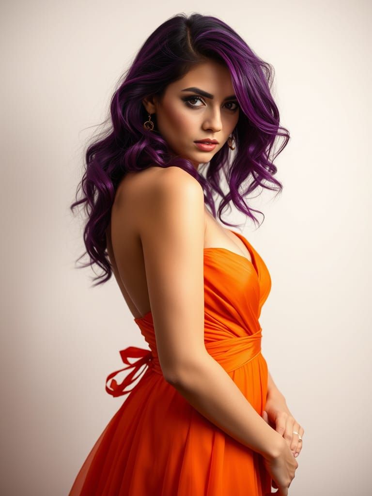 Elegant Purple Goddess in Vibrant Orange Evening Gown