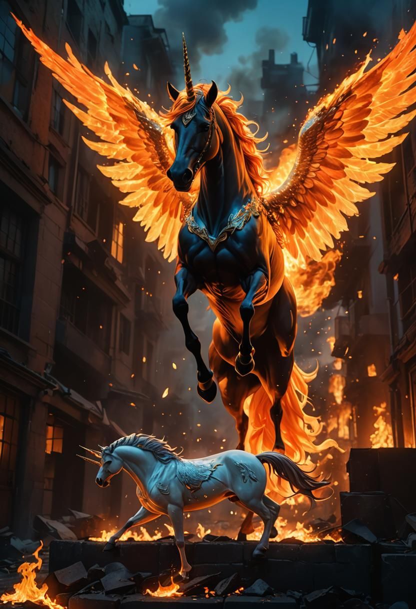 Angelic Hosrse , unicorn with pigeon like, Wings in fire, shutinngfrom the Sky in a fire blaze. Semi transparent Wings o...
