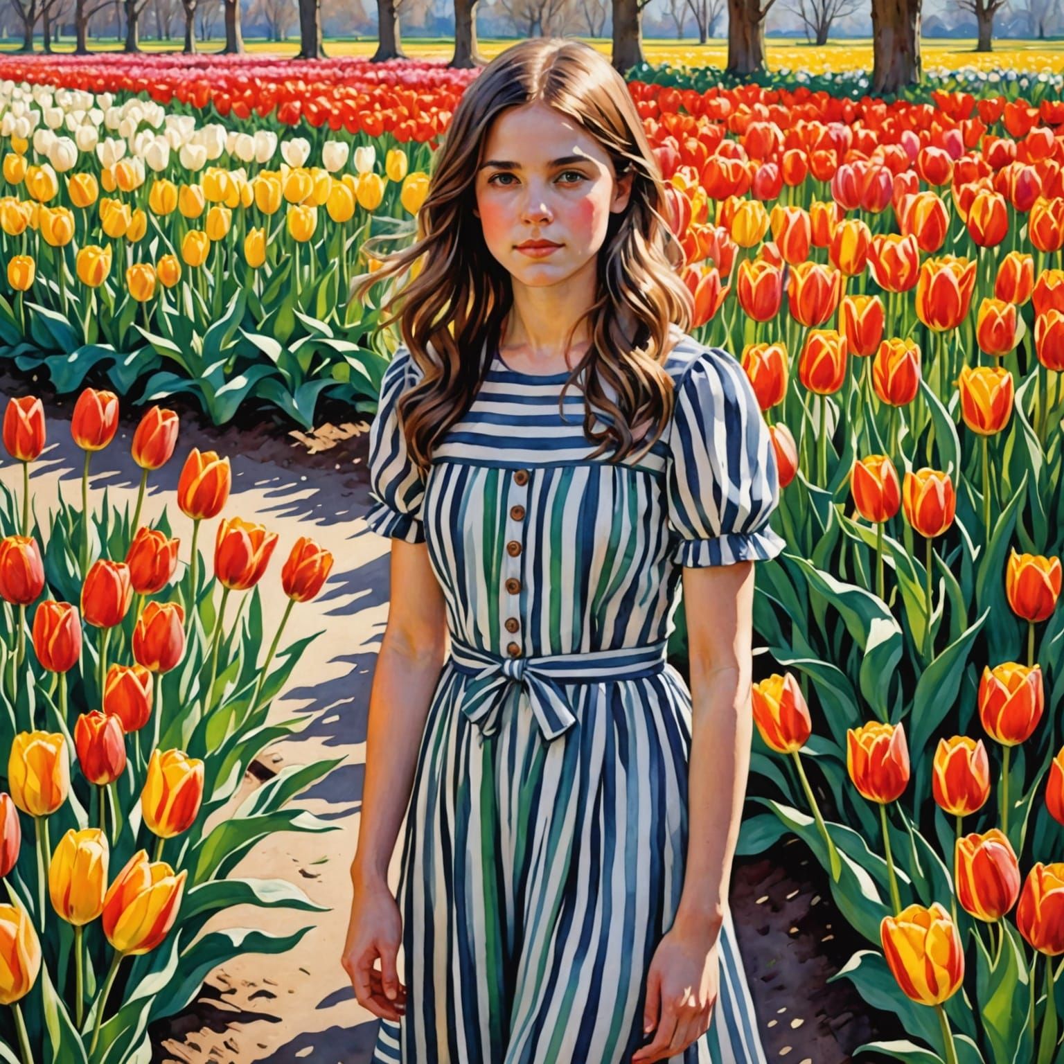 Woman Among Vibrant Tulips in Watercolor Style