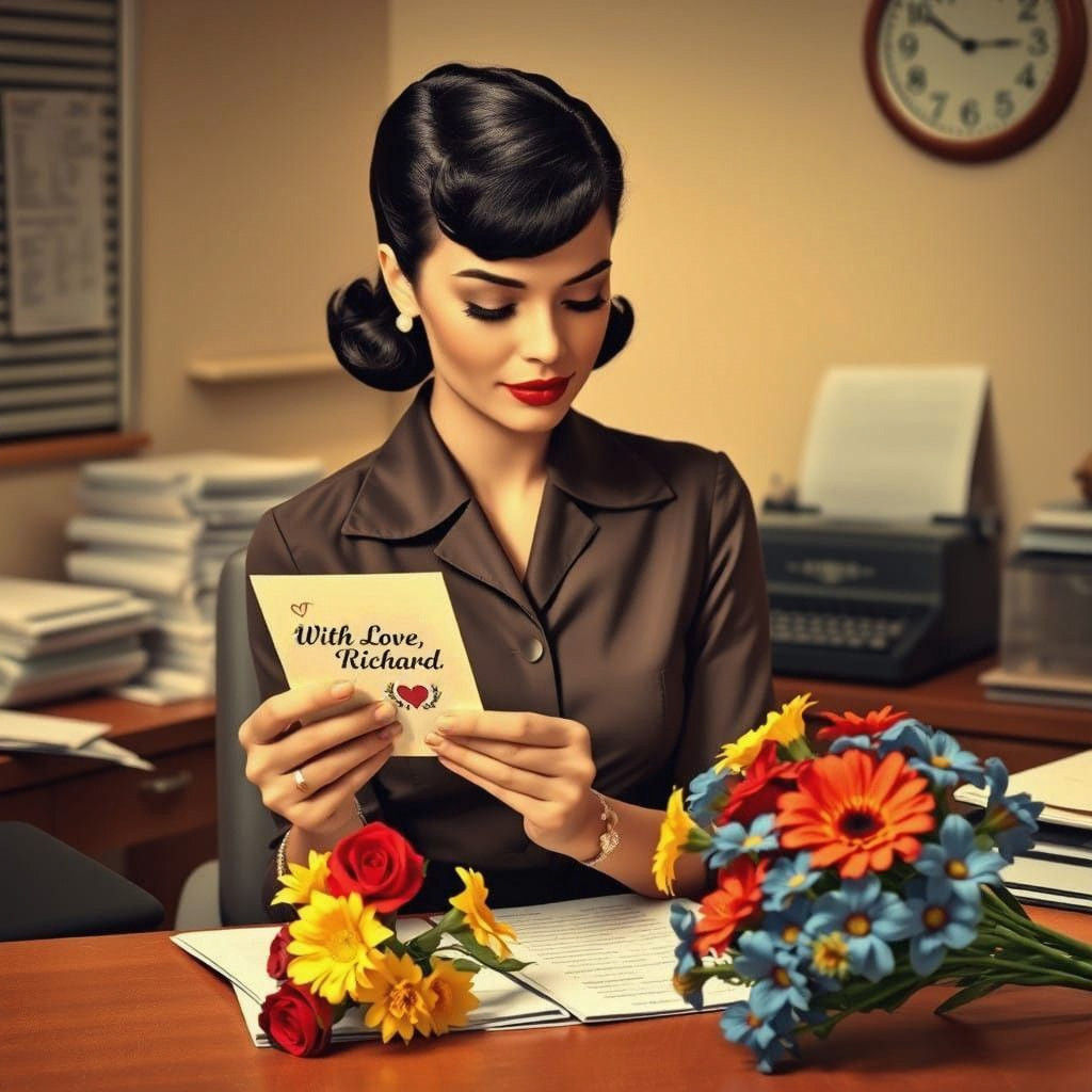 1950s Secretary in Office, Reading Romantic Card