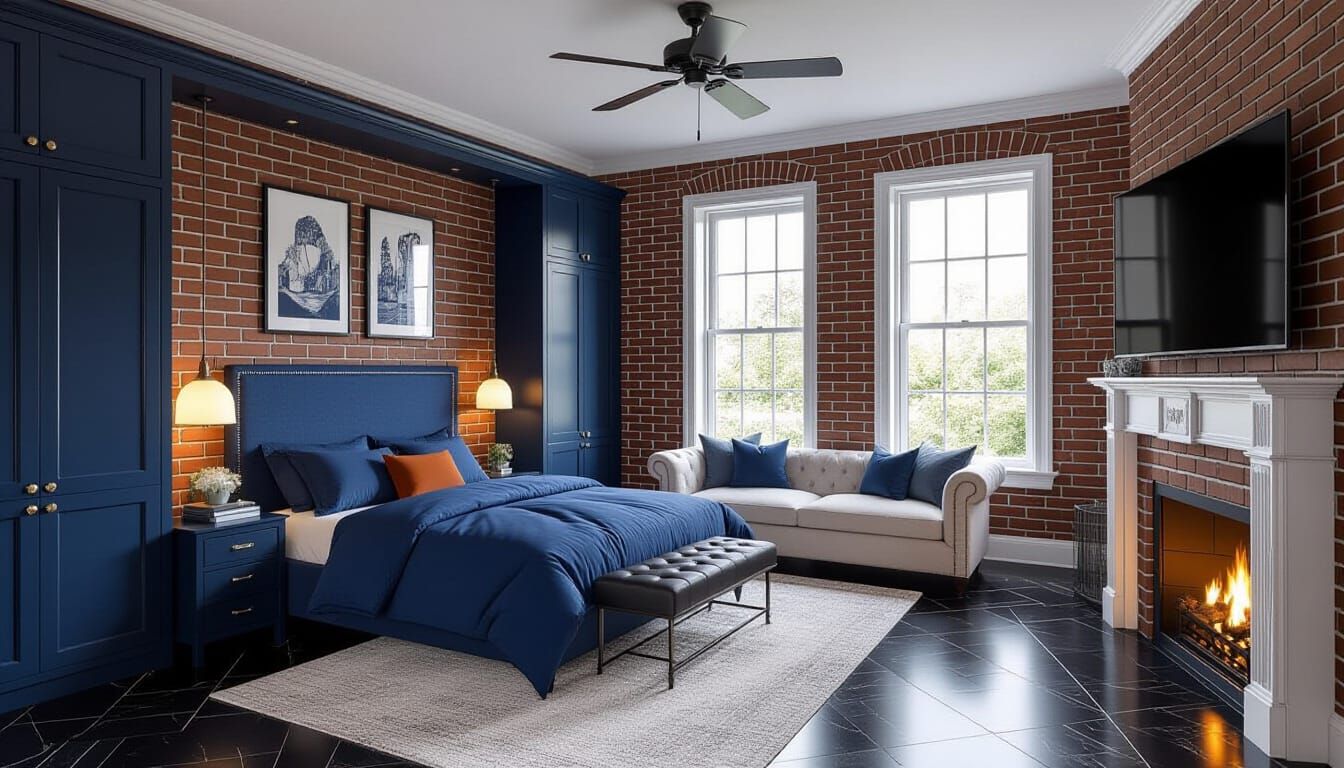 Victorian Bedroom with Navy Blue and Brick Accents