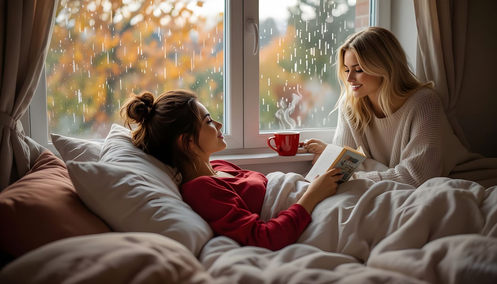 Cozy Autumn Bedroom Scene with Guests and Hot Cocoa