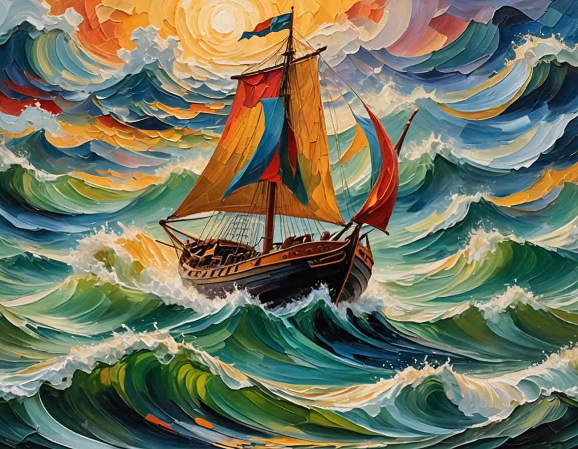Viking Sailboat Rides Super Wave as Oil Painting