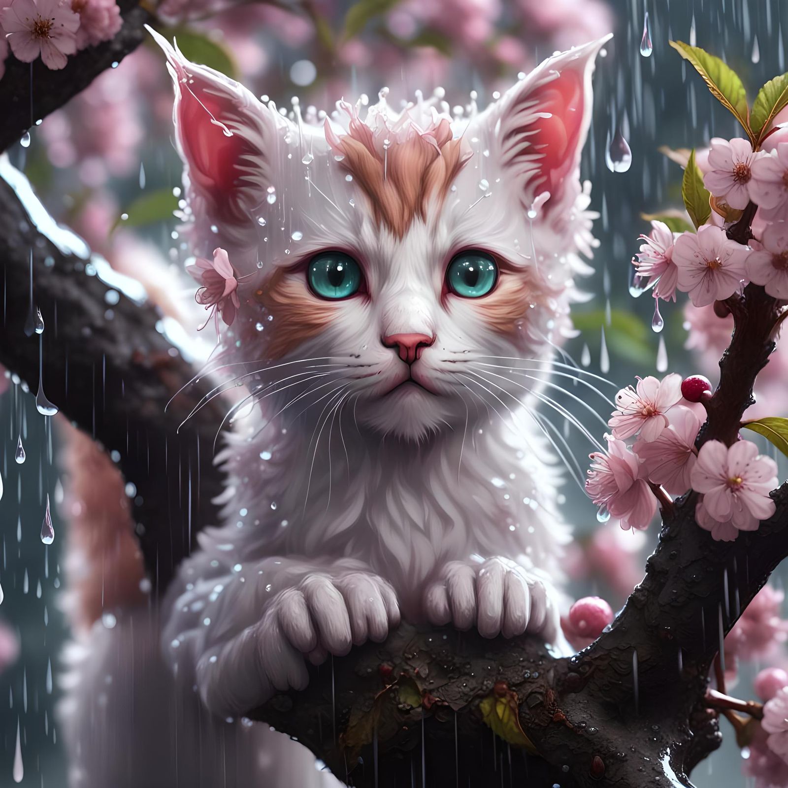 Kitten in Cherry Tree During Rainstorm