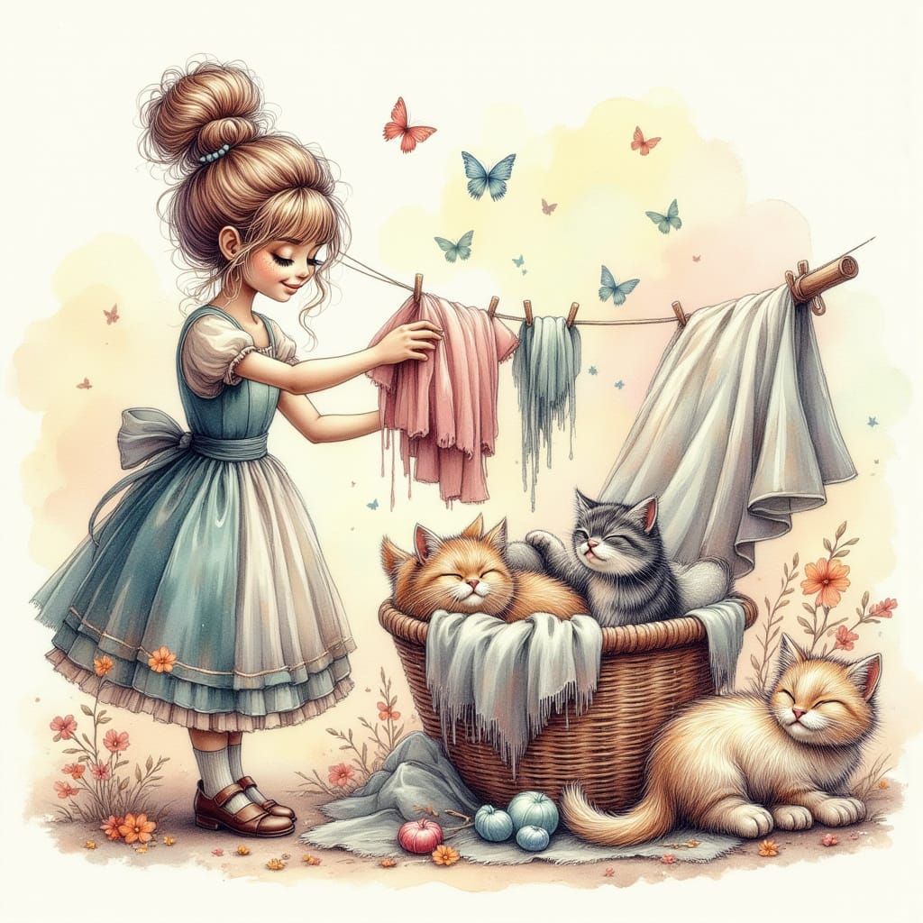 Playful Cats Help Farmer's Wife with Laundry