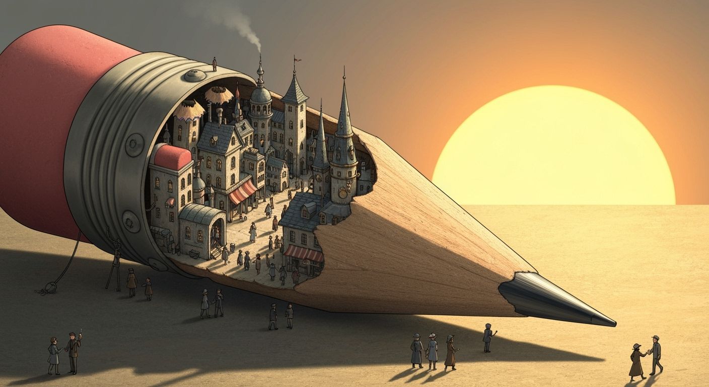 Steampunk City Inside Giant Pencil