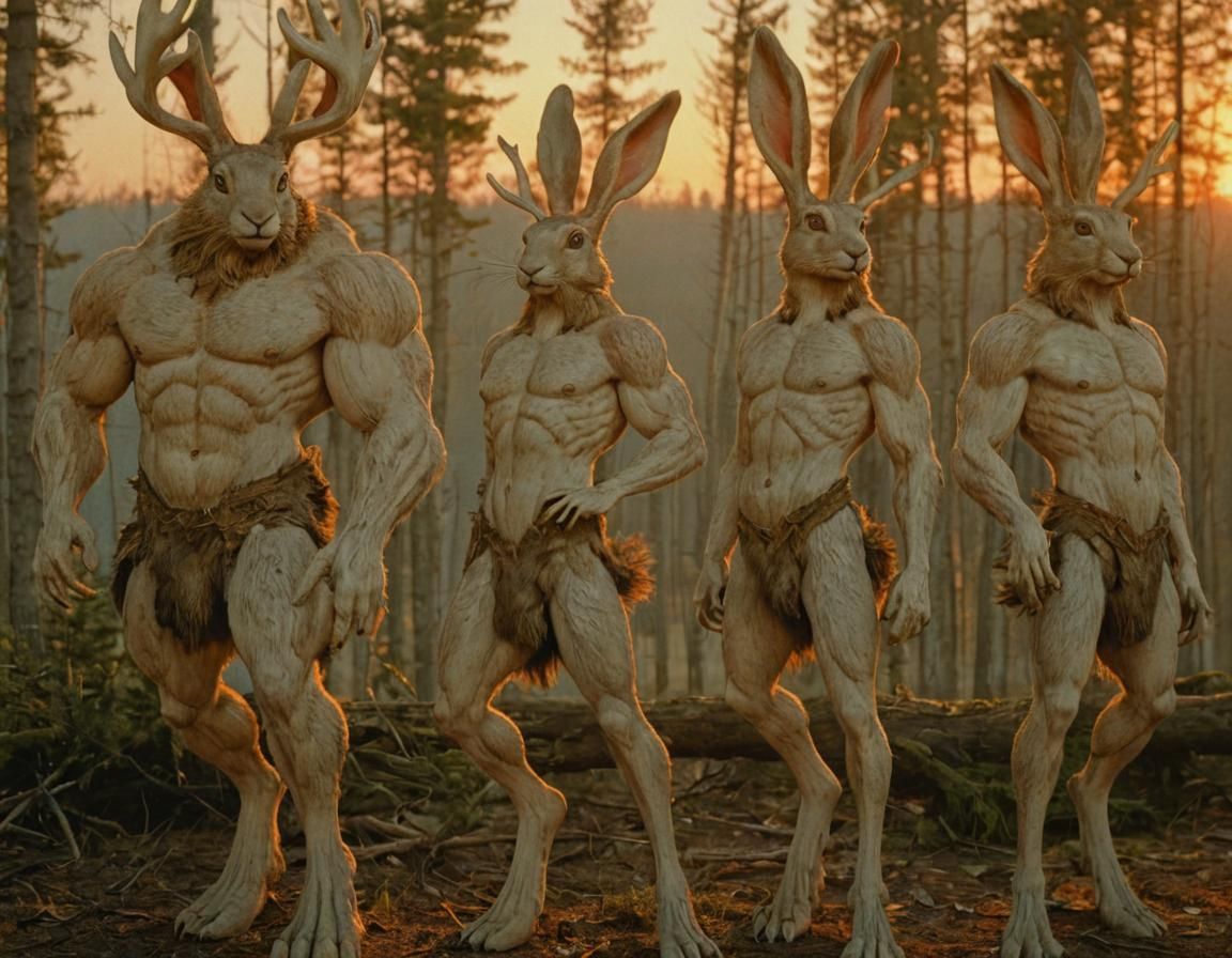 Anthropomorphic Hare with Antlers in Forest at Sunset