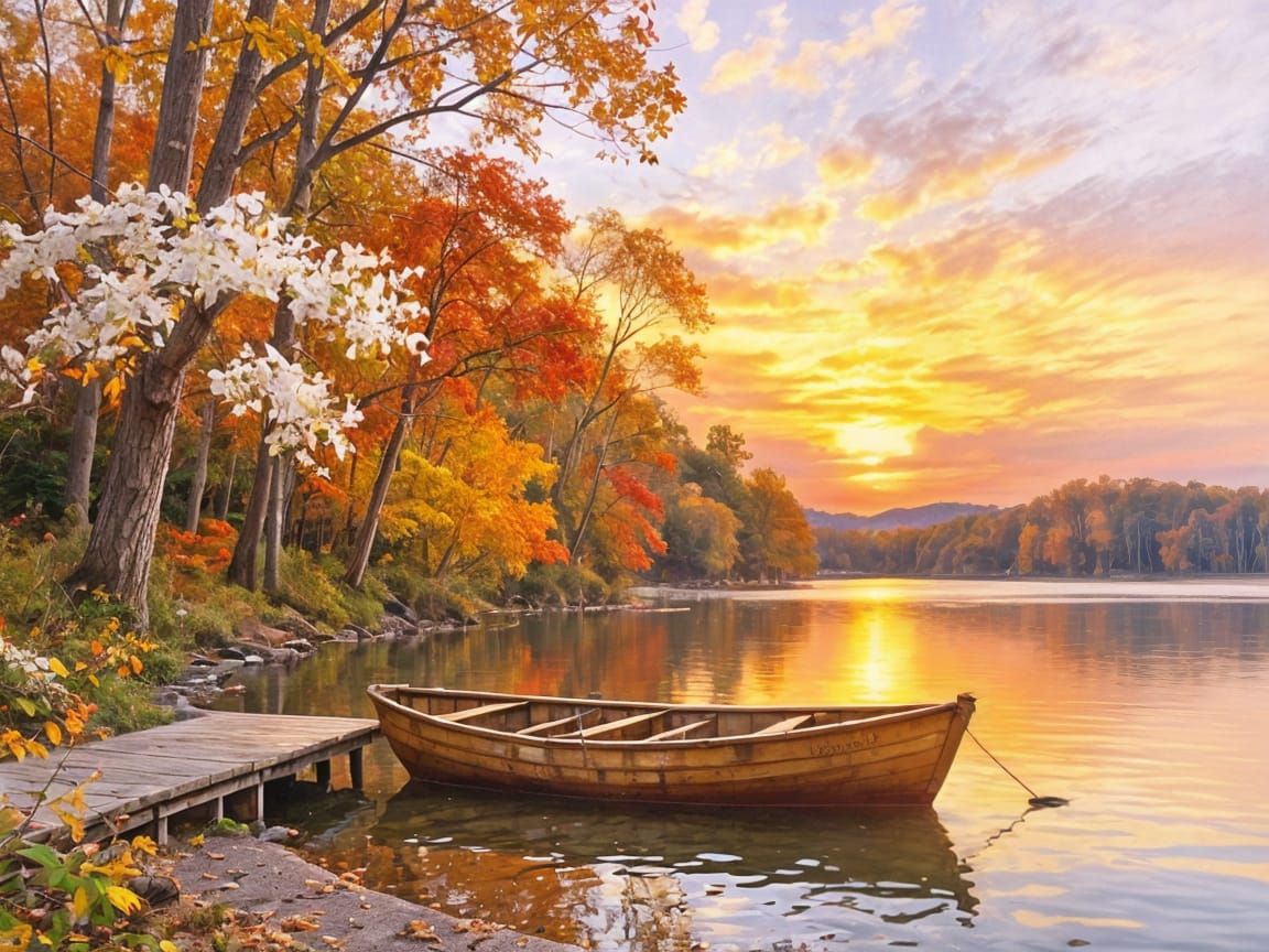 Peaceful Lake Shore with Horseboat at Sunset